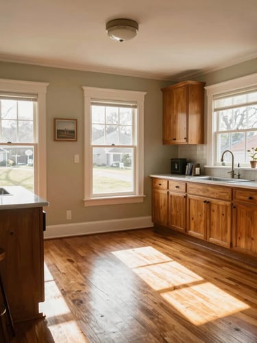 Warm interior of a historic Wabash home, sunlight streaming onto polished hardwood floors and updated kitchen counters, warm editorial style.