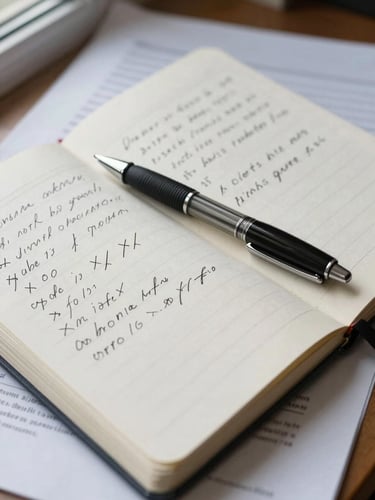 Close overhead shot of a worn notebook open to a page covered in handwritten cross-outs and margin notes, a ballpoint pen resting diagonally across the page, scattered paper documents visible at the edges, natural window light from the upper left