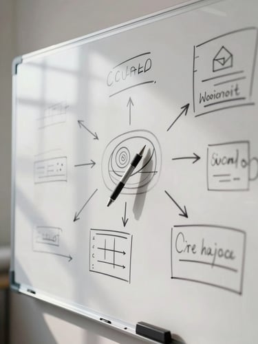 Overhead close shot of a whiteboard covered in rough hand-drawn diagrams and annotated arrows, a pen resting mid-sketch on the surface, natural office window light casting soft shadows, no faces, focus on the marks and the thinking they represent