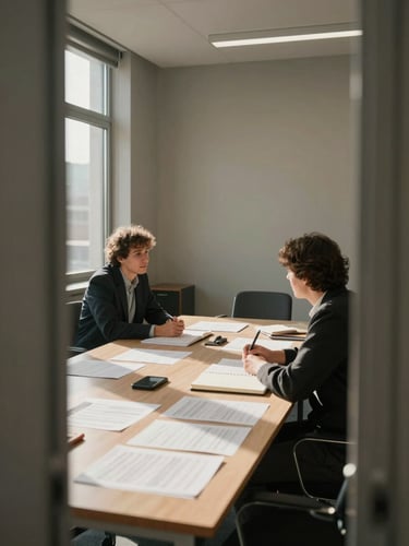 Wide environmental shot of a sparse office meeting room, two people mid-conversation across a table covered with printed documents and open notebooks, natural daylight streaming through tall windows on the left, warm gray walls, no faces visible, framed from the doorway