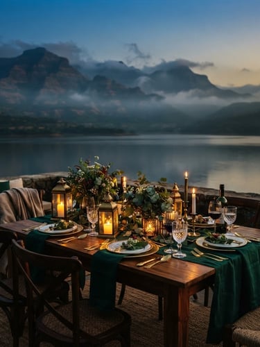A beautifully set dining table overlooking Pawana Lake at twilight, with warm glow from lanterns, misty mountains in the background, cinematic editorial photography, deep emerald and gold tones, 35mm lens.