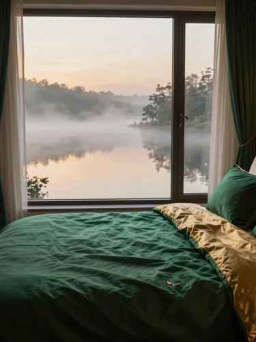Close-up of luxurious bedding in a Cozy Queen villa, soft emerald green and gold accents, large window overlooking a misty lake, intimate and romantic lighting, cinematic editorial style.