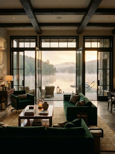 Cinematic wide-angle interior shot of a luxurious Shelby Pawana Lake villa, glass doors open to a misty golden-hour lakefront view, rich textures, emerald and gold accents, 35mm lens, atmospheric.