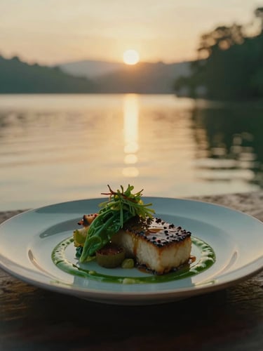 Artfully plated gourmet meal on a dark wooden table, soft focus on the dish, with a blurry background of Pawana Lake at sunset, rich emerald and gold tones.