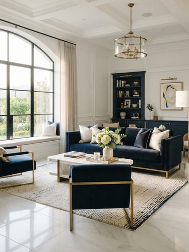 Bright editorial photography of a pristine sunlit luxury home living room, polished white marble floors, soft golden window light, 35mm