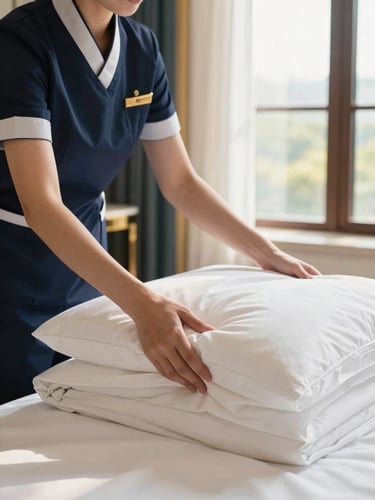 Close-up editorial photograph of a professional housekeeper in a neat uniform placing crisp white linens in a sunlit luxury bedroom, soft golden hour window light, rich navy accents.