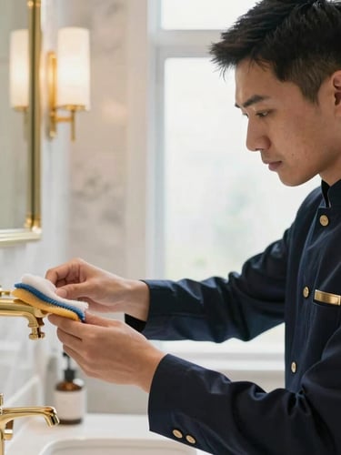 A professional cleaning specialist in a neat, tailored dark navy uniform, carefully polishing a brass fixture in a bright, modern luxury bathroom, close-up, soft natural daylight, 35mm