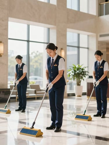 A professional commercial cleaning team in neat uniforms polishing a high-end corporate lobby, bright natural light, crisp focus, 35mm