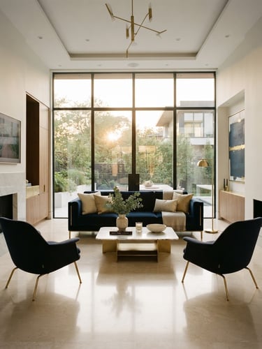 Bright editorial photography of a sunlit luxury living room, polished marble floors, clean minimalist lines, soft golden hour window light, 35mm