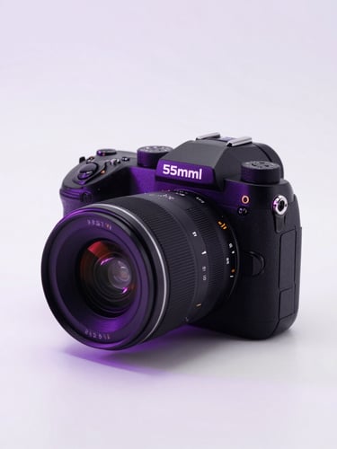 Bright studio product photography, a premium modern gadget unboxing on a clean white surface with soft purple ambient reflections, sharp focus, 50mm