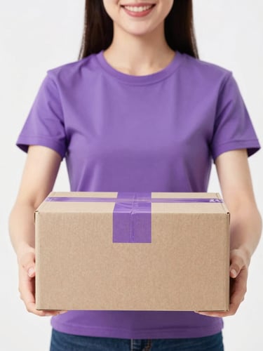 Bright studio shot of a happy person holding a neatly packed shipping box with a subtle purple tape, clean white background, soft lighting