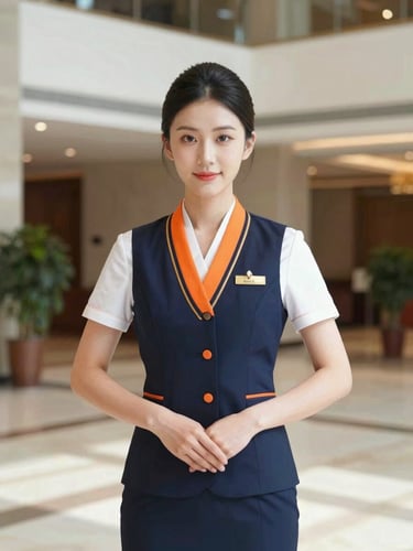 A confident female student in an immaculate navy and orange hospitality uniform stands in a brightly lit modern hotel lobby, eye-level portrait, crisp daylight.