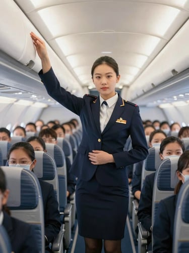 An immaculate mock aircraft cabin interior on campus, with students in sharp navy uniforms practicing cabin service under bright, crisp daylight.