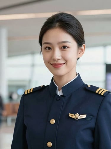 A confident female student in an immaculate navy blue aviation uniform, hair neatly styled, smiling warmly in a bright airport terminal setting