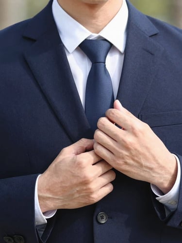 Close-up of a student in an immaculate navy blue uniform adjusting their posture, bright crisp daylight, professional grooming details visible