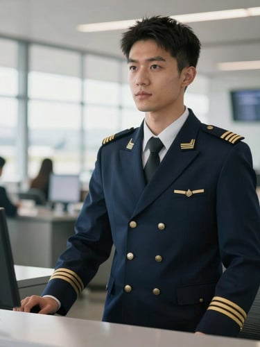 An eye-level portrait of a confident male student in an immaculate navy aviation uniform, standing at a clean airport ticketing counter, daylight.