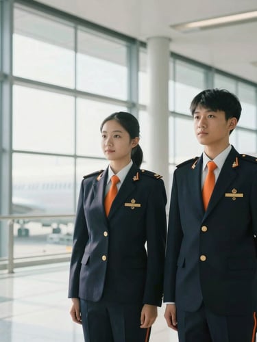 A medium-wide shot of two aviation students in immaculate dark navy uniforms with orange ties, standing confidently in a bright, modern airport terminal, daylight streaming through high glass windows.