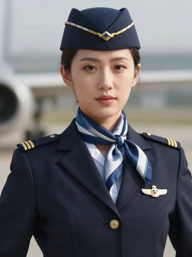 A close-up portrait of a female aviation cadet in an immaculate navy blazer and silk scarf, looking forward with a disciplined, confident posture.