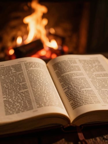 Dramatic close-up of an open leather scripture bible illuminated by warm flickering firelight, glowing embers in the background, deep shadows, shallow depth of field