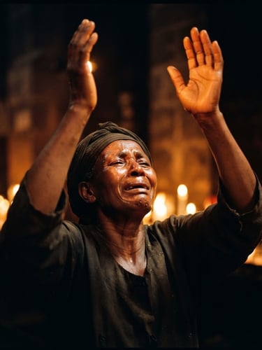 Dramatic portrait of a worshiper with raised hands in intense prayer, illuminated by warm flickering firelight and deep shadows, shallow depth of field, 35mm editorial photography.