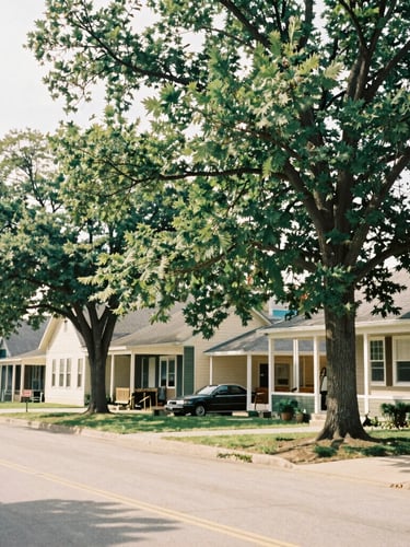 Editorial 35mm film documentary photo of Elm Grove streetscape with mature trees and warm Wisconsin daylight, soft natural lighting.