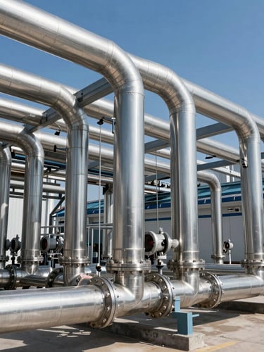 Wide clean environmental shot of installed stainless-steel air piping layouts in a modern factory, bright clean factory daylight, high detail, 35mm lens