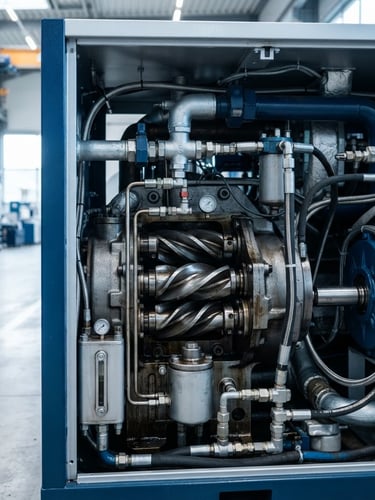 A close-up portrait of a heavy-duty rotary screw air compressor in a modern clean factory, crisp industrial daylight, cool silver and deep blue tones, high detail, 35mm lens.