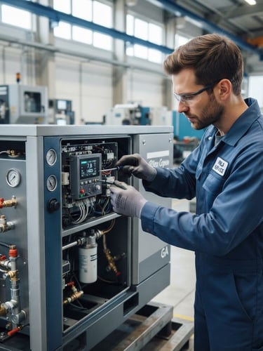 Sharp medium close-up of a factory-certified engineer in clean safety gear calibrating a heavy-duty rotary screw compressor, bright clean factory daylight, cool silver and deep blue tones.