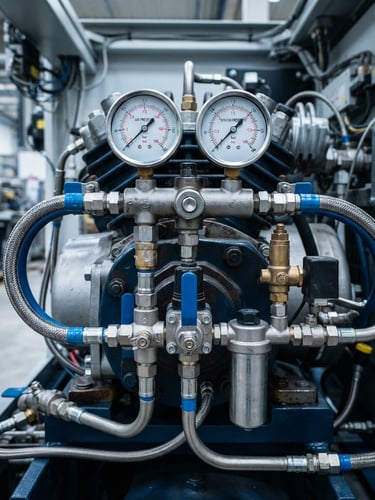 Sharp close-up of a heavy-duty rotary screw air compressor manifold with clean pressure gauges, high-contrast industrial studio lighting, cool silver and deep blue tones.