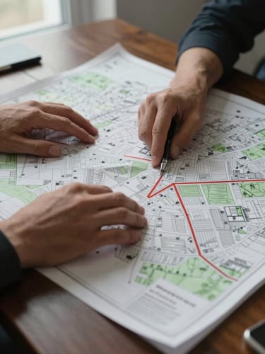 Close-up of hands tracing a property boundary on a large printed cadastral map spread across a dark oak desk, cool window light from the left, pen resting at the edge, no faces visible