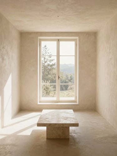 Symmetrical architectural elevation of a sun-drenched living room, raw plaster walls, a single travertine low table, soft morning daylight, warm editorial style