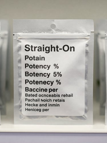Straight-on close-up of a cannabis retail product label showing potency percentage, batch number, and compliance text on a small rectangular package, bright even neutral lighting, label fully legible and centered in frame, no people, clean white shelf background