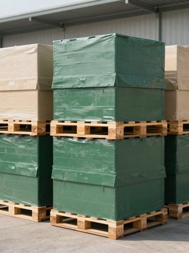 Bright clean daylight photo of a modern organized UK warehouse with neatly stacked pallets, sharp focus, 35mm lens