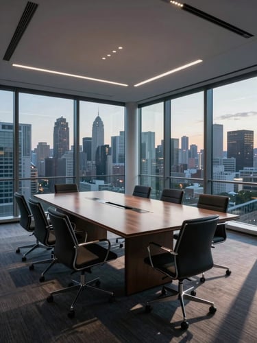 Wide shot of a modern corporate boardroom at dusk, empty conference table reflecting ceiling lights, floor-to-ceiling glass walls showing a city skyline, strong geometric shadows, cool natural light entering from the right, no people