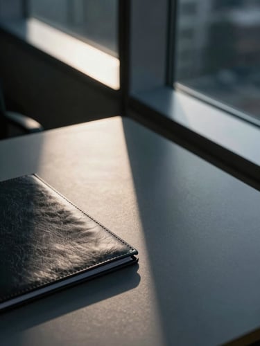 Extreme close-up of a dark glass-and-steel office corner at dawn, cool north-facing light slicing diagonally across a polished obsidian desk surface, a single leather-bound document folder at the lower left edge, geometric shadow lines dominating the composition, no human presence