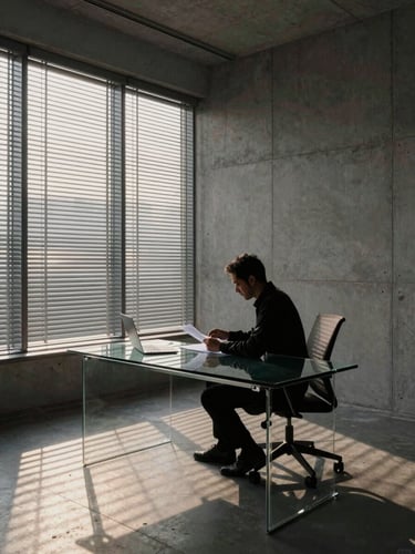 Corner office interior at dawn, a man's silhouette reviewing documents at a glass desk, steel and concrete walls, long shadows cast by early morning light through venetian blinds, no face visible, wide environmental framing