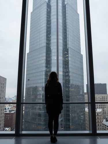 Architectural interior of a high-rise law office, a woman's silhouette standing before a floor-to-ceiling window, city below, cool overcast light, sharp geometric reflections on glass, no face visible, editorial framing from behind