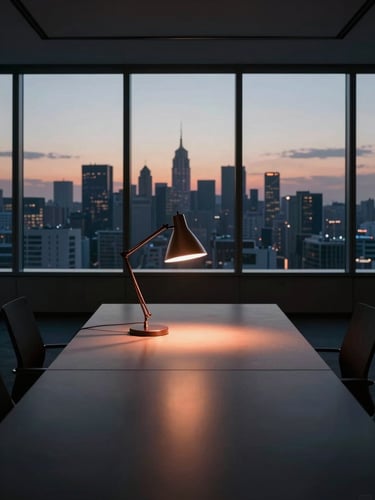 Wide shot of a minimalist executive office interior at dusk, floor-to-ceiling windows with a city skyline silhouette, a single architectural desk lamp casting a warm copper-toned cone of light onto a bare dark surface, strong geometric shadow geometry in foreground, no people