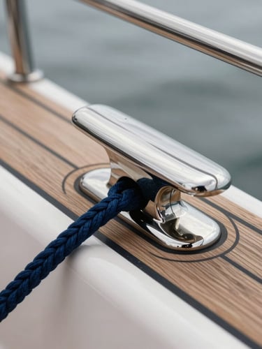 Extreme close-up of premium yacht craftsmanship, featuring a polished stainless steel cleat with a custom-spliced navy dockline secured on pristine teak decking, overcast silver-grey maritime light.