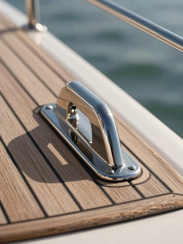 Extreme close-up of polished stainless steel deck hardware and custom teak decking on a yacht in Newport harbor, crisp morning light, high contrast