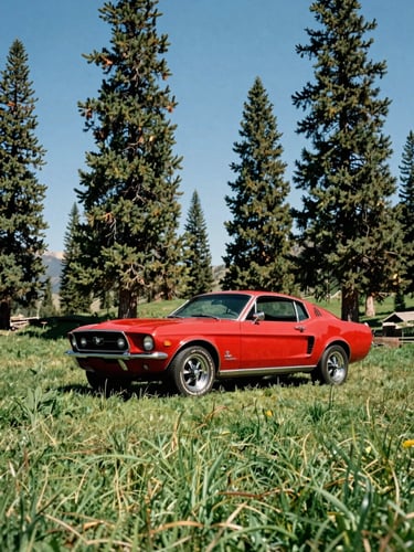 Low-angle hero shot of a polished red 1968 Ford Mustang parked on lush green grass, towering pines and clear blue Idaho sky in the background, 35mm