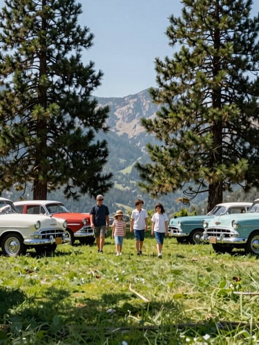 Low-angle wide shot of multi-generational families walking on green grass among classic 1950s cars parked under tall pine trees, bright mountain daylight, crisp shadows
