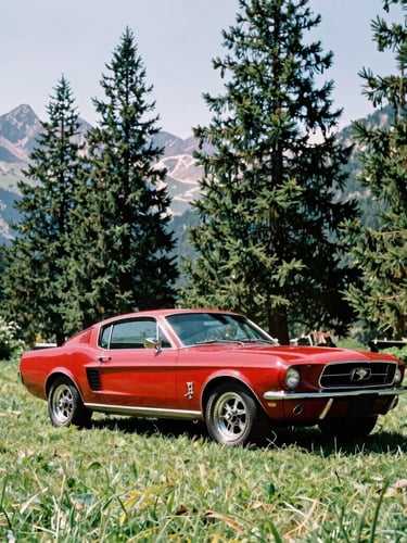 Low-angle shot of a polished red 1965 Mustang parked on lush green grass, towering pine trees and mountain peaks in the background, bright alpine daylight, 35mm