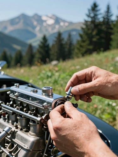 Hands of a mechanic adjusting the chrome carburetor of a vintage engine, bright outdoor mountain sunlight, shallow depth of field, 35mm