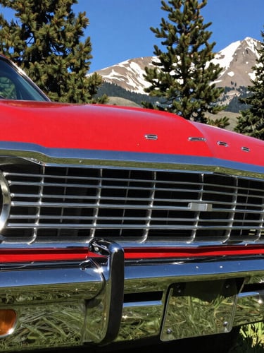 Low-angle close-up of a perfectly polished red vintage classic car's chrome front bumper and grille, reflecting the deep blue Idaho sky and towering pine trees, bright mountain daylight, 35mm.