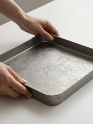 A close-up of hands interacting with a heavy matte steel desk tray, showcasing the tactile material texture, soft diffused studio light