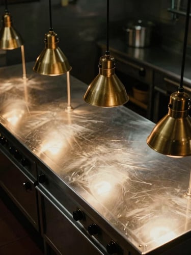 Overhead geometric shot of a clean stainless steel commercial kitchen line with warm ambient heat lamps casting sharp shadows, 35mm.