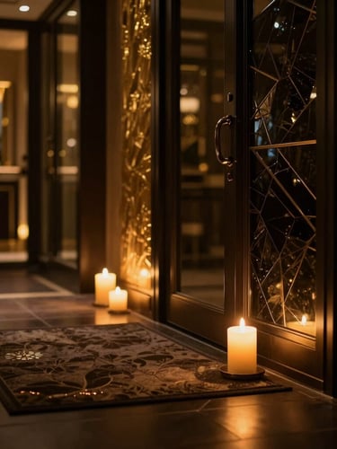 Moody luxury spa entrance with low-key warm candlelight, deep shadows, rich gold and obsidian tones, shallow depth of field