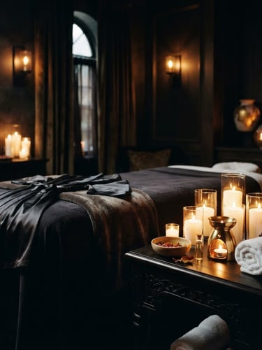 Moody luxury photography of a dark, candle-lit private treatment suite, soft shadows, rich gold and obsidian tones, shallow depth of field