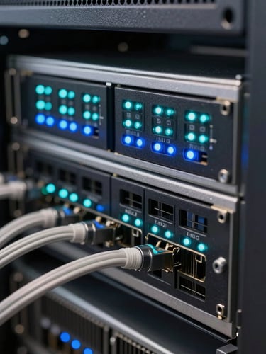 Macro close-up of a modern server rack interface, precise blue and teal LED indicator lights, structured metallic cabling, clean technical depth of field.